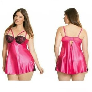 Cacique hot pink black lace babydoll chemise